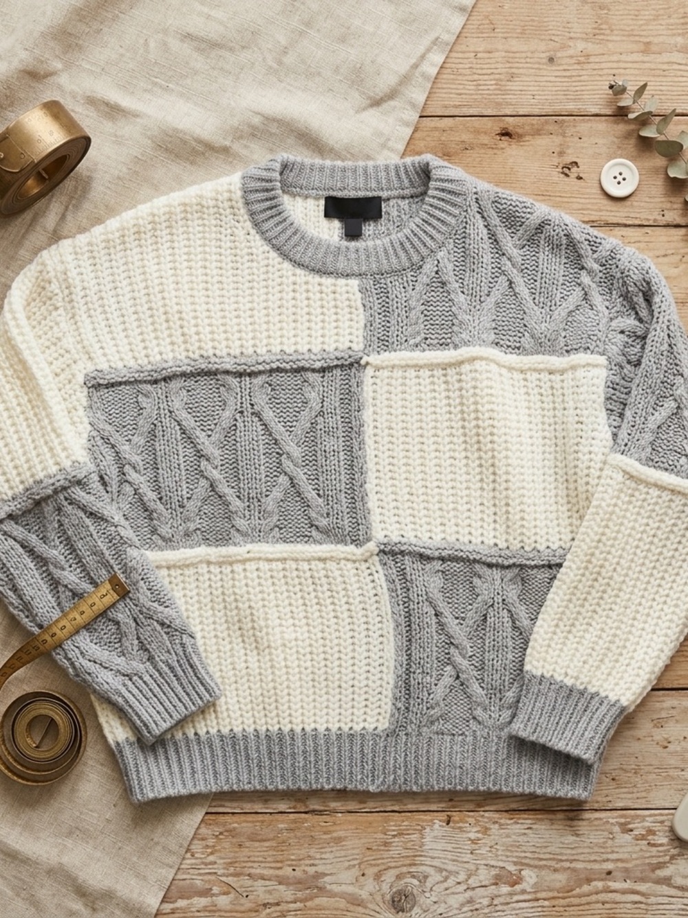 RD Style Colorblock Cable Knit Chunky Sweater Womens M Cream Gray Patchwork